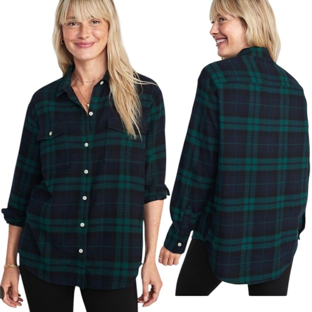 Cotton Plaid flannel boyfriend shirt tunic style size M Black Watch Tartan